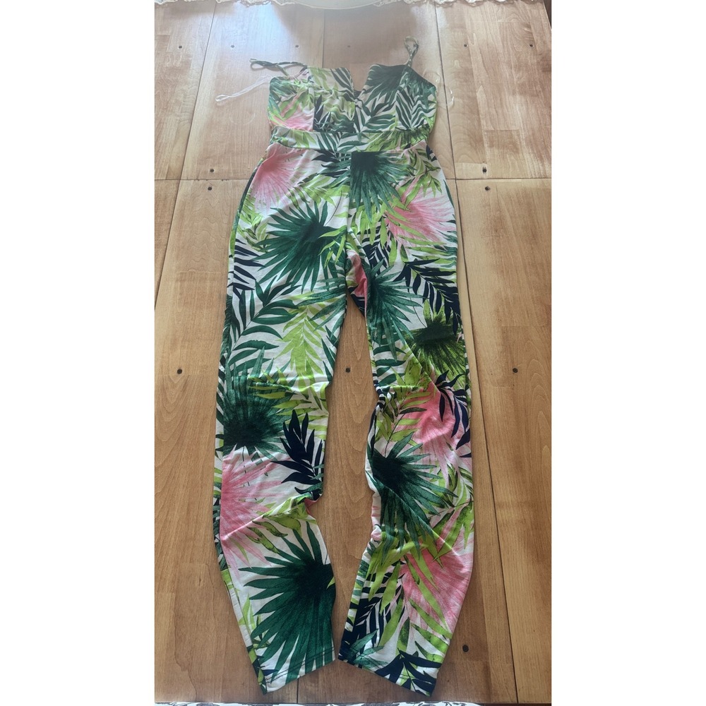 JUNIORS Large/Womens Medium (6/8) Tropical Green & Pink Palm Print Jumpsuit